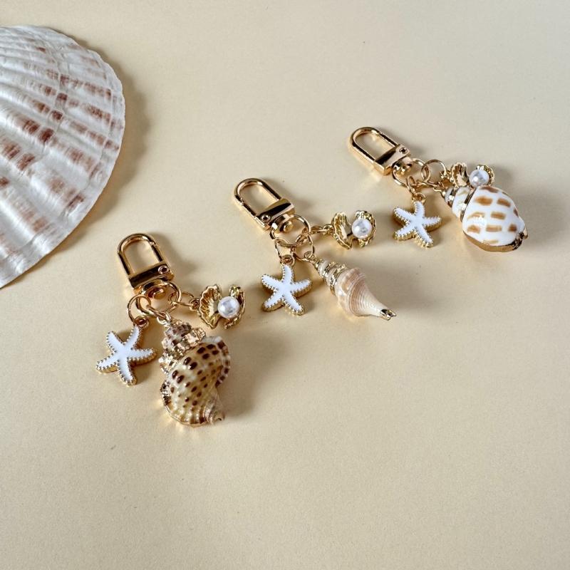 Oceanic Shell Alloy Keychain Pearls Accent Lightweight Versatile Purse Charm Jewelry Multi Functional Accessory