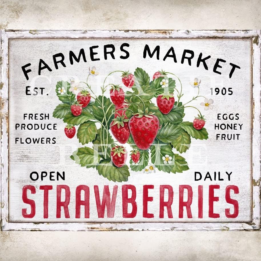 

e1Modern Farmhouse Decor Chippy Tin Sign Strawberry Sign Farmers Market Country Fruit Sign Wreath Sign Making Summer Fruit Sign 20x30cm（7.8x11.8inch）