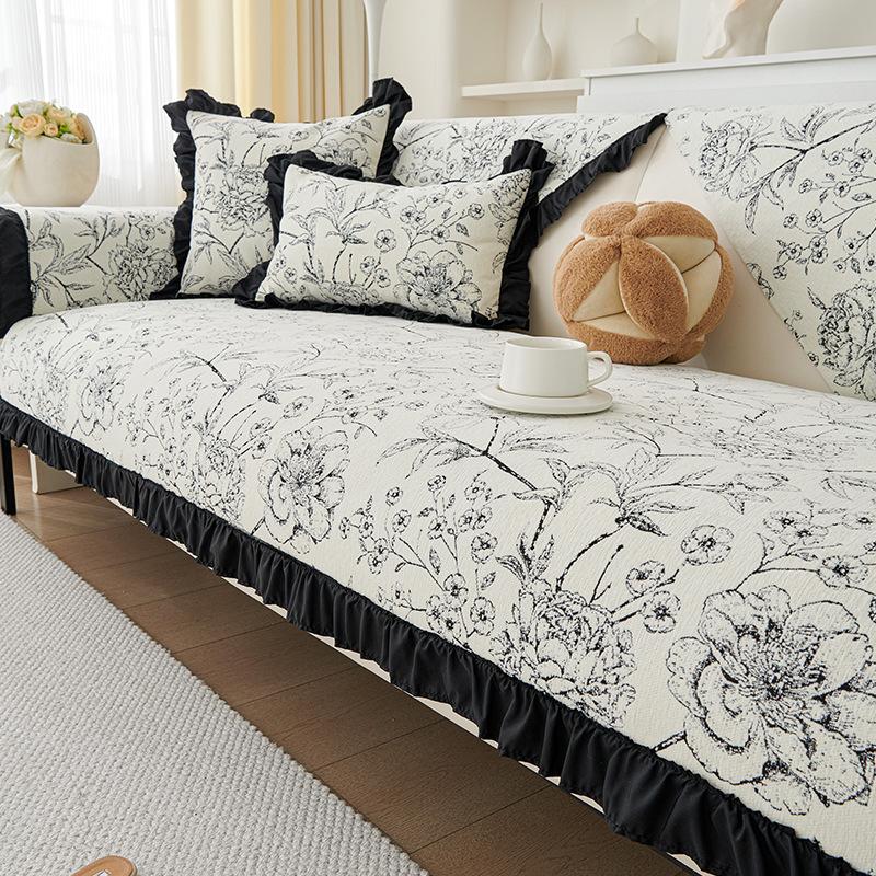 Chenier Skirt Sofa Cushion, All-Season Non-Slip Seat Cushion, Living Room Straight Row Sofa Armrest Cover Cloth Towel Cross-Border