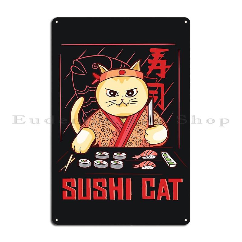 Sushi Chef Cat Funny Restaurant Kitty Japanese Food Cute Kawaii Black Cat Eating Sushi Metal Printing Wall Bar Tin Sign Poster