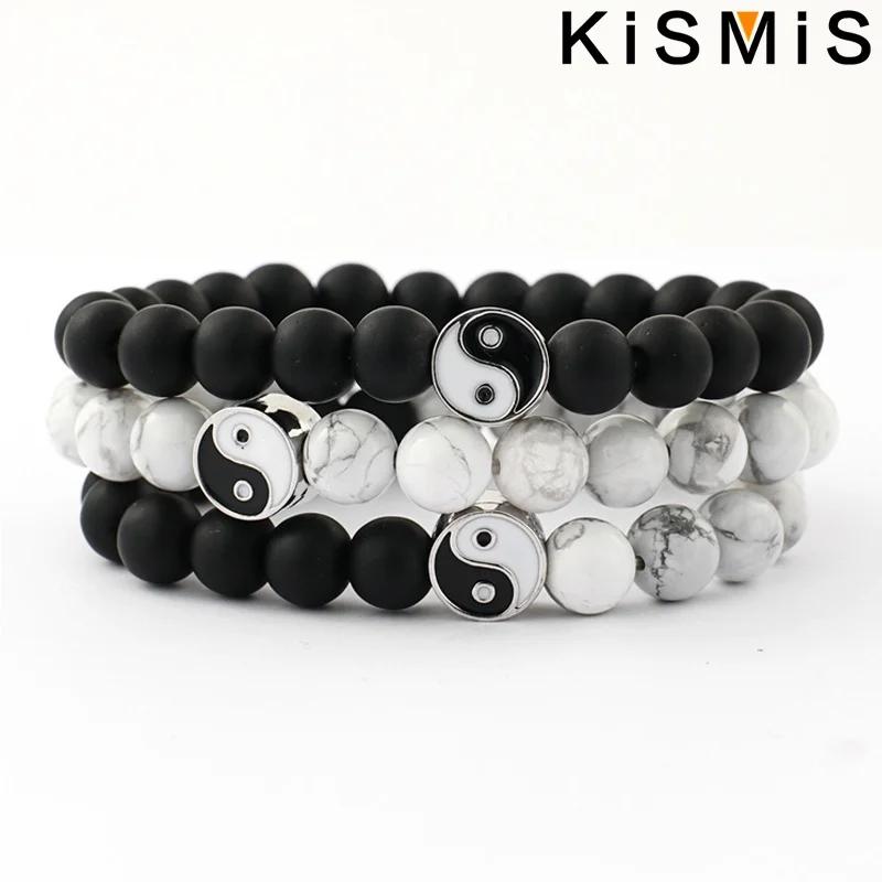 New Distance Classic Natural Stone White Black Yin Yang Beaded Bracelet for Men Women Best Friend Gift