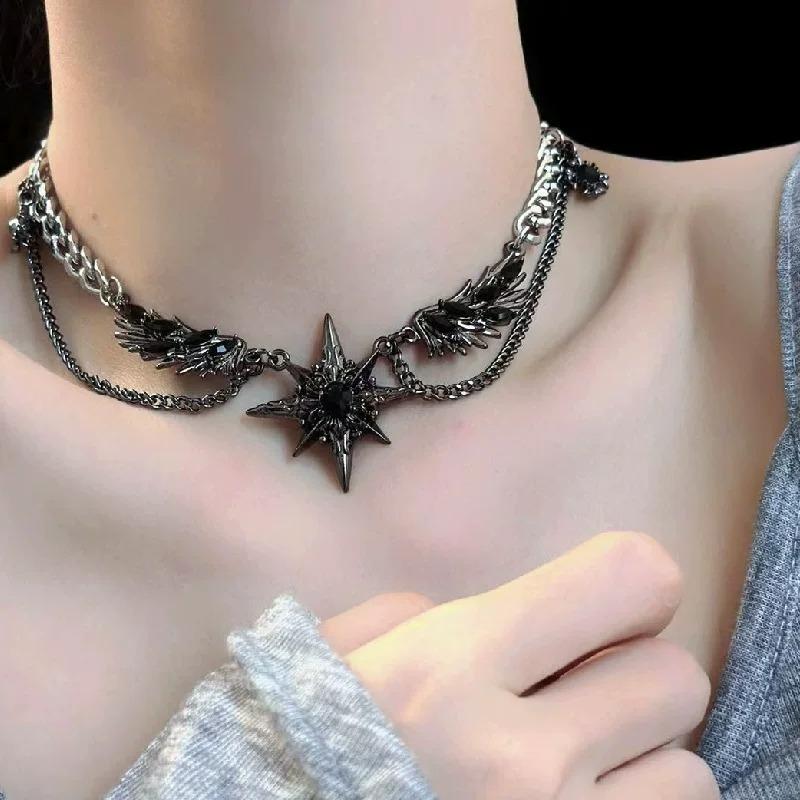 Punk Y2K Star Wings Stacked Necklace Chain Collar Dark Winged Angel Pendant Layered Chain Choker Black Wing Necklaces Jewelry