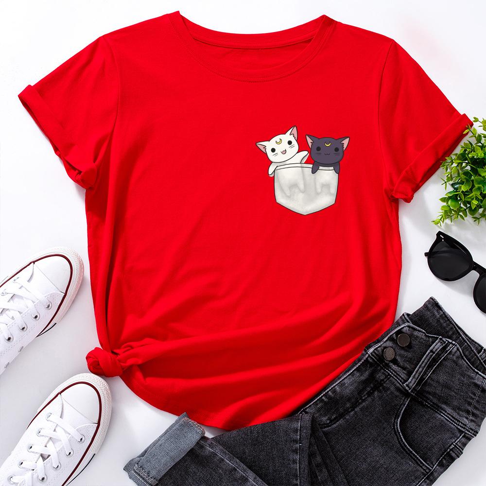 Cute Kitten Print Loose Round Neck Pure Cotton Short Sleeved Women's T-shirts