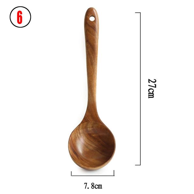 1-7pcs/set Teak Natural Wood Tableware Spoon Ladle Turner Rice Colander Soup Skimmer Cooking Spoon Scoop Kitchen Reusable Tool