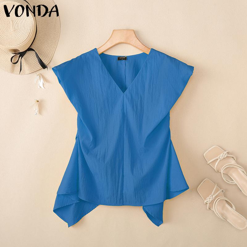 

VONDA Женская блузка с коротким рукавом, нерегулярная, повседневная, однотонная XL синий