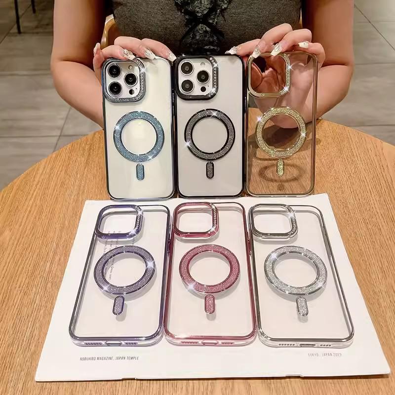 Glitter Magnetic Rhinestone Phone Case for iPhone 17 & 16Pro - Transparent, Drop-proof Protective Cover