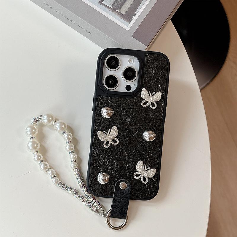 Silver Bead Bow for IPhone 16 Mobile Phone Case 14 Protective Cover for IPhone 17 Promax Pearl Bracelet 15