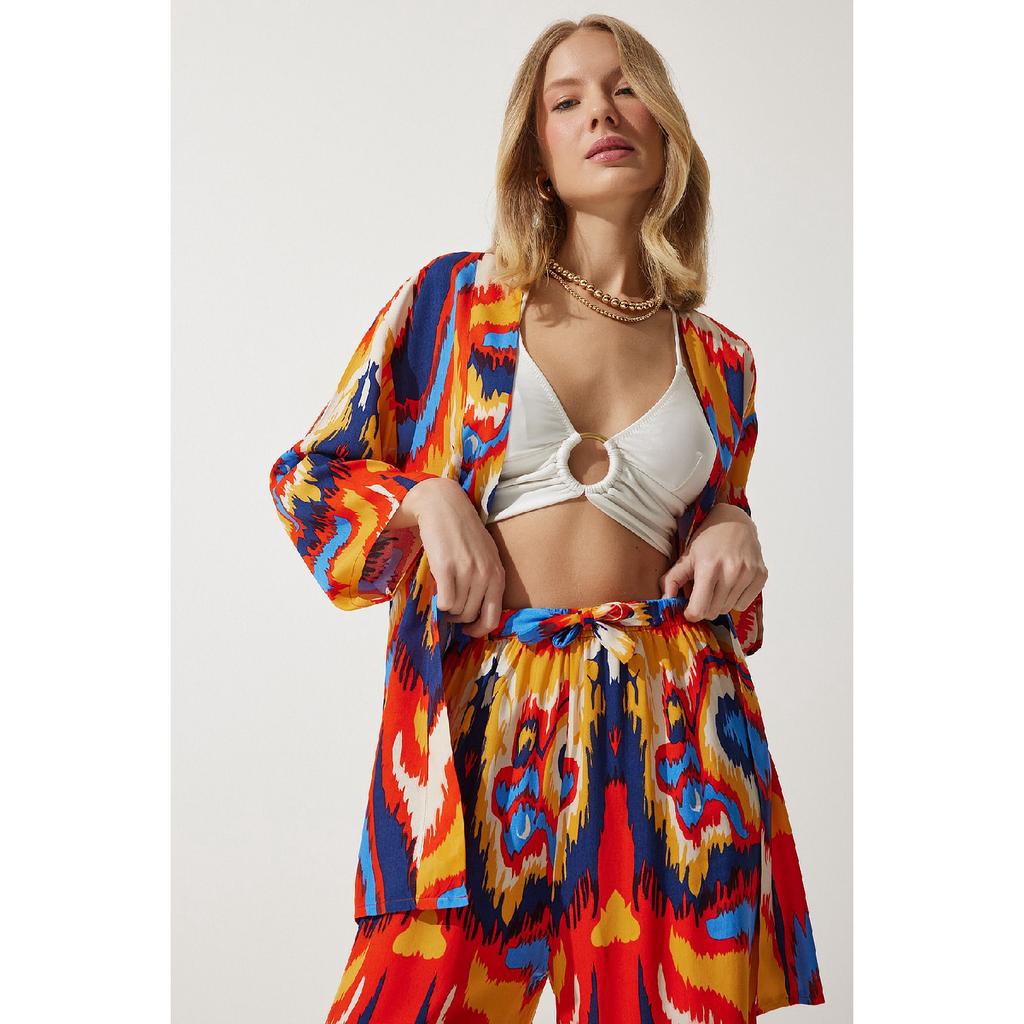 Zestaw damskich spodni kimono palazzo w kolorze pomarańczowym, wzorzystym En00614