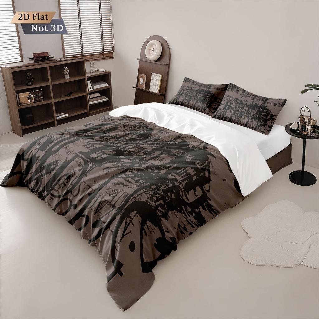 3pcs English Letter Garbled Printed Coreless Down Duvet Cover Set Comfortable Bedroom Bedding Decoration Machine Washable