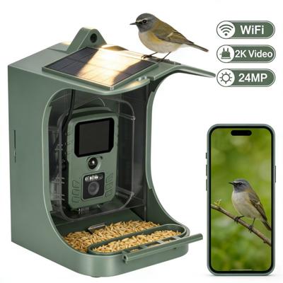 Intelligenter Futterautomat mit Kamera, Solarbetrieben, 2K HD-Video, 24MP Foto, Nachtsicht, Zwei Futtertröge für Kolibris & Wildvögel