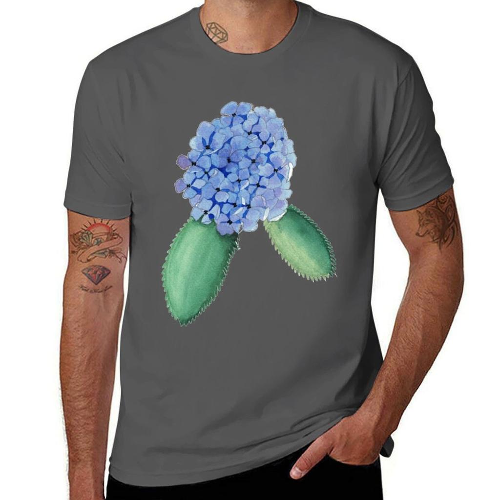 Blue Hydrangea Watercolor Painting TShirt Simple Solid Color Crew Neck Tee