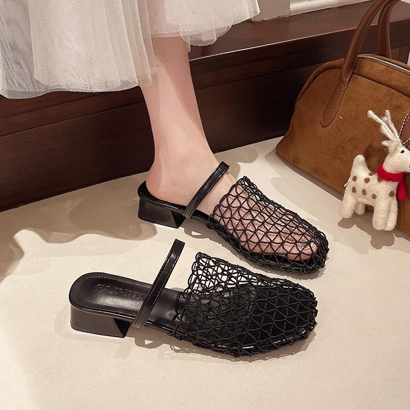 2025 summer fashion casual women's breathable black woven hollow square head French women's shoes niche wedge slippers