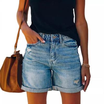 Jeans-Shorts für Damen, hoch taillierte, zerrissene Distressed-Denim-Shorts, dehnbare Sommer-Freizeitshorts mit Taschen