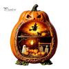 Indoor Halloween Ornaments Centerpiece Pumpkin, Wooden Pumpkin Ornament with Miniature Scenes, Rustic Unique Table Centerpieces Skeleton for Farmhouse