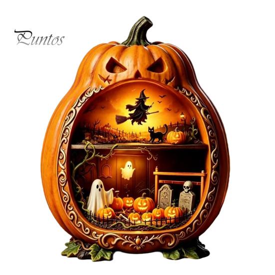 Indoor Halloween Ornaments Centerpiece Pumpkin, Wooden Pumpkin Ornament with Miniature Scenes, Rustic Unique Table Centerpieces Skeleton for Farmhouse