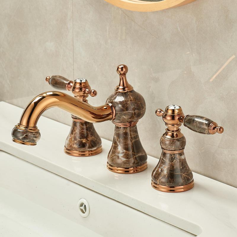 Basin Faucet Gold Brass Jade Bathroom Sink Faucet 3 Hole Widespread Basin Mixer Double Handle Hot And Cold Water Tap New Arrival