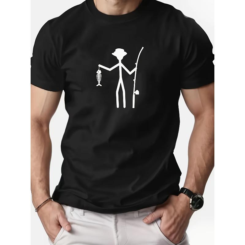 European Size [Hobby Quirky Fishing Matchstick Man  Air Force  Style] Minimalist Fun Matchstick Man Fishing Print Short Sleeve T-Shirt S чёрный