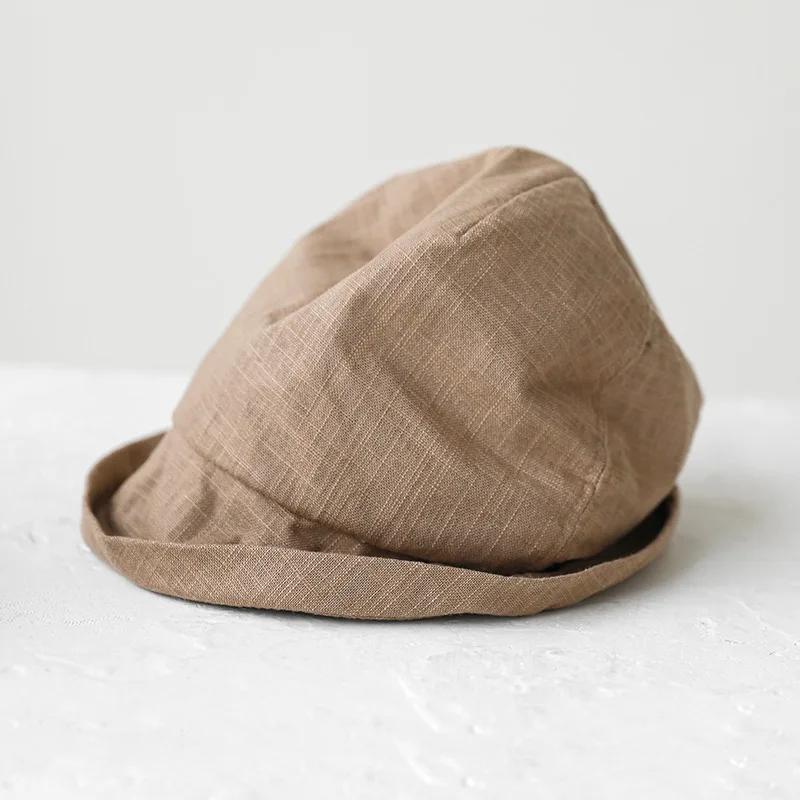 Japanese Cotton Linen Pleated Women Fisherman Hat Small Brim Summer UV Resistant Breathable Linen Bucket Hat Wrapped Head Ladies