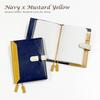 (Seal Al) A6 Size Leather Notebook Cover with Belt, Two-Tone Design (No Name Engraving, 11. Navy X Mustard Yellow)