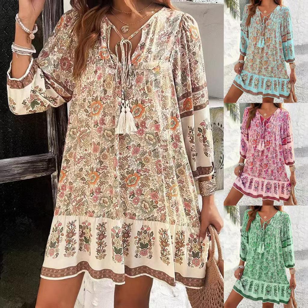 Abito Chemisier Stampato Scollo a V Bohemian Primavera/Estate 2025 per Donna