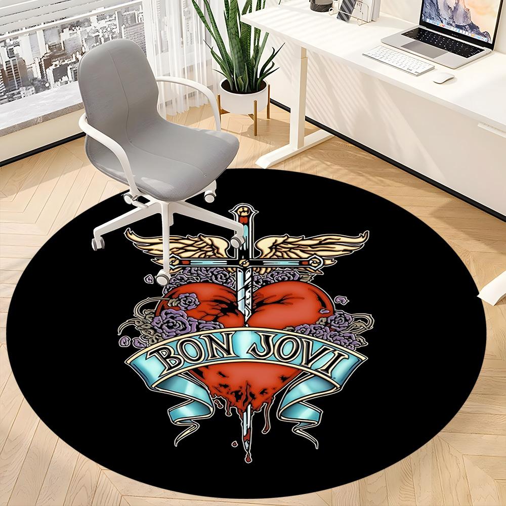 1PC Bon Jovi Band Logo Office Round Rug - Perfect for Office or Study Decor, Non-Slip Backing, Decorative Floor Mat Yy250916052