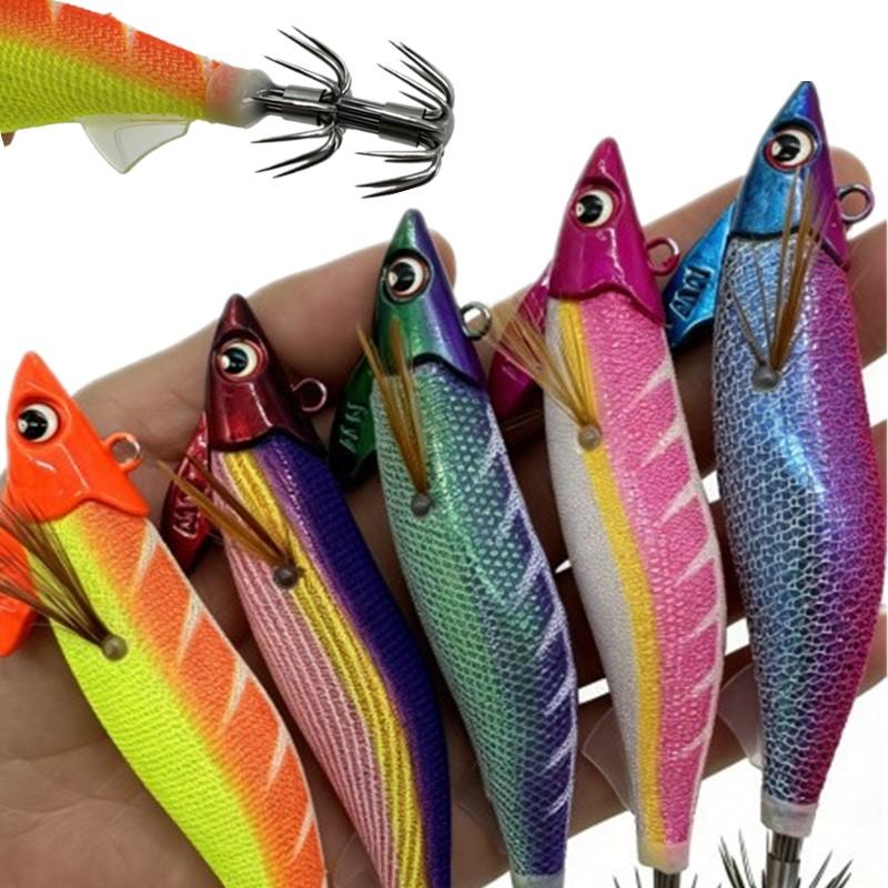 Bionic Luminous Squid Jig Hooks Lead Head Wood Shrimp Egi Lures High Penetration for Octopus Cuttlefish Sea Fishing