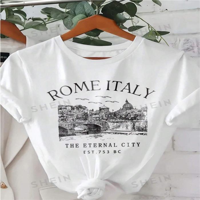 Summer Round Neck Printed Top Fashionable Casual Cute Short Sleeved Women's Pure Cotton T-shirts