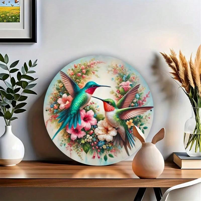 Vintage Hummingbird Floral Metal Wall Art Round Sign Home Office Decor