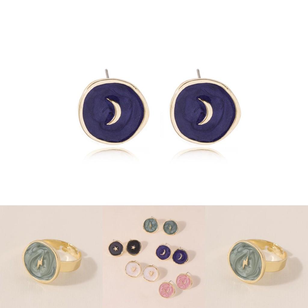 Trendy Heart Moon Star Earrings And Ring Necklace Set Fashion Geometric Accessories