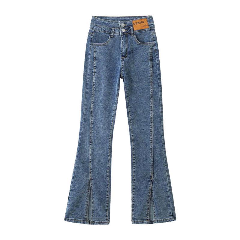 Korean Style High Waist Slit Jeans for Women - Autumn/Winter Slim Fit, Double Button, Elastic Flared Wide Leg Trousers