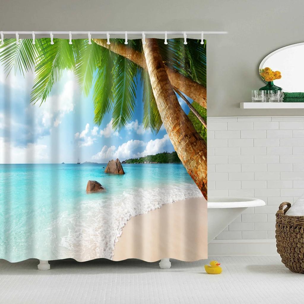 Blue Sky Beach Shower Curtain Modern Scenery Print Bathroom 3D Blackout Curtain Large 180x200cm for Bathroom