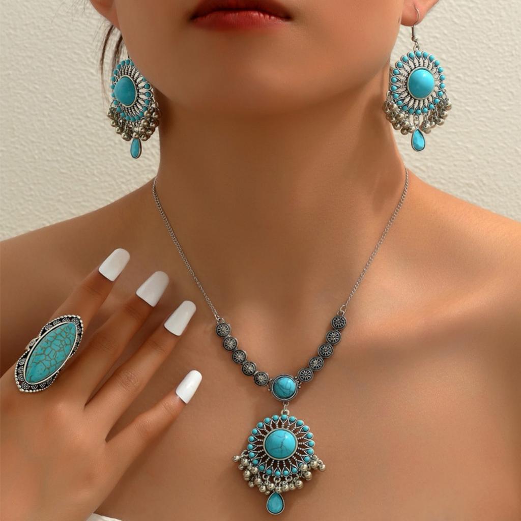 New Vintage Indian Style  For Woman Turquoise Stone  Sets Necklace Earrings Ring Set For Bridal Wedding Party Gift