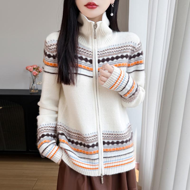 2026 Winter Pure Wool Thickened Lapel Knit Cardigan, Long Sleeve Double Zipper Fair Isle Jacquard Top