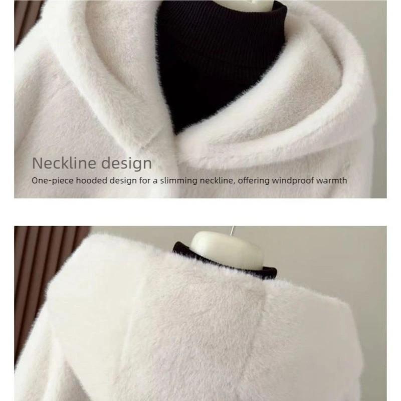 Women's Winter Fur Coat Mid-Length Thickened Eco-Friendly Hooded Fur Coat Faux Mink Fur Coat