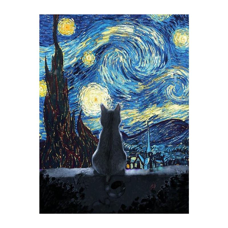 Van Gogh Starry Night Cat DIY Digital Oil Painting: Advanced Handmade Decorative Art