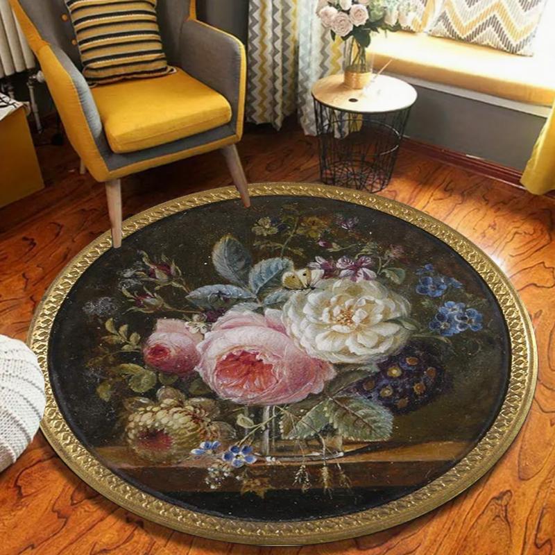 

Round Oil Painting Style Carpet with Pink Purple Lily Flower Pattern Vintage Gold Border Artistic Home Decoration Mat Rug 80cm x 80cm