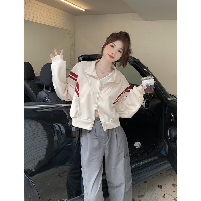 Women's Stand Collar Long Sleeve Zip Up Sweatshirt Cropped Fit Casual Jacket Vintage Fashion Top
