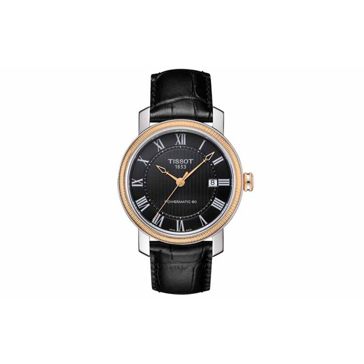 Tissot Men's Black/Gold Portofino Automatic Mechanical Movet Calendar Watch 40Mm Dial 18K Rose Case Leather Strap Watches T097.407.26.053.00