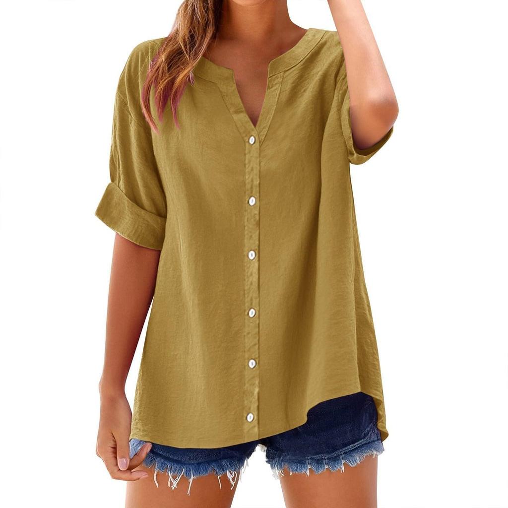 Spring and Summer New Button Shirt, Casual, Loose and Elegant Plus-size V-neck Top