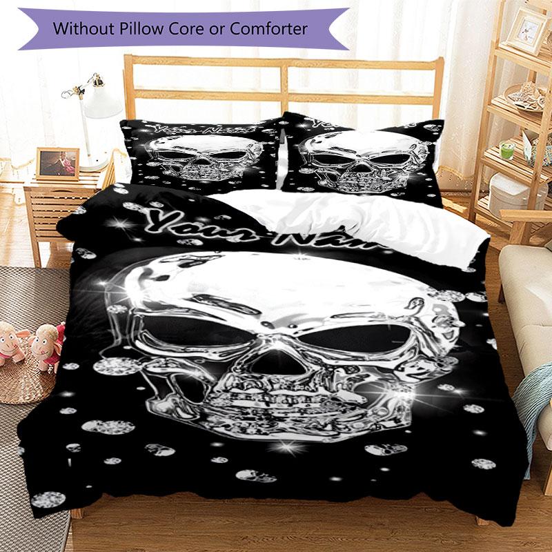 3pcs Custom Name Crystal Skull Sparkle Artwork Bedding Set Printed Bedding Set Duvet Cover Closure Includes 1 Duvet Cover & 2 Pillowcases Bedroom Deco