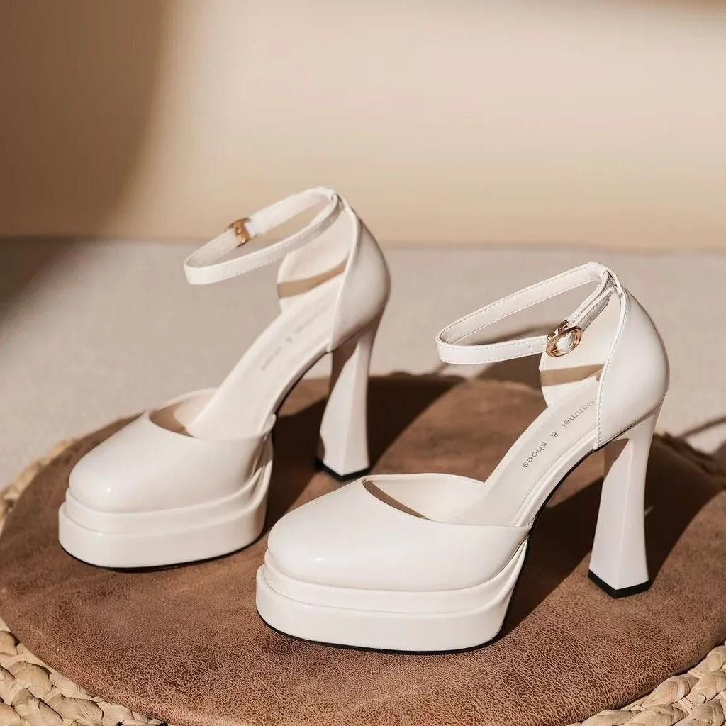 Fashion Women's Super High Heels Pointed Tip Thick Heel Ankle Strap Platform Heels Side Cutout Sexy Wedding Banquet Sandalias De Mujer