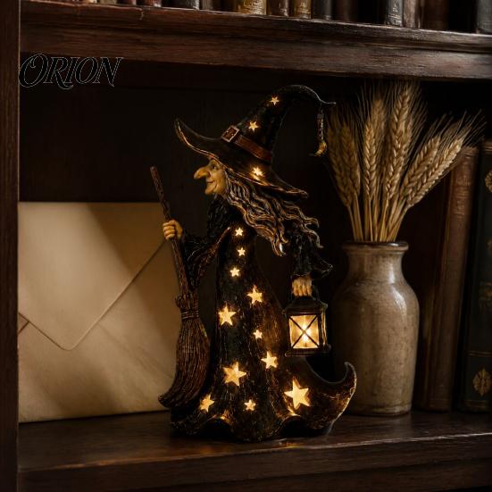 Halloween Party Props Witch Lamp, Light Up Figurine with Broom And Lantern, Gothic Resin Table Decor Spooky Night for Tabletop Indoor Home Mysterious