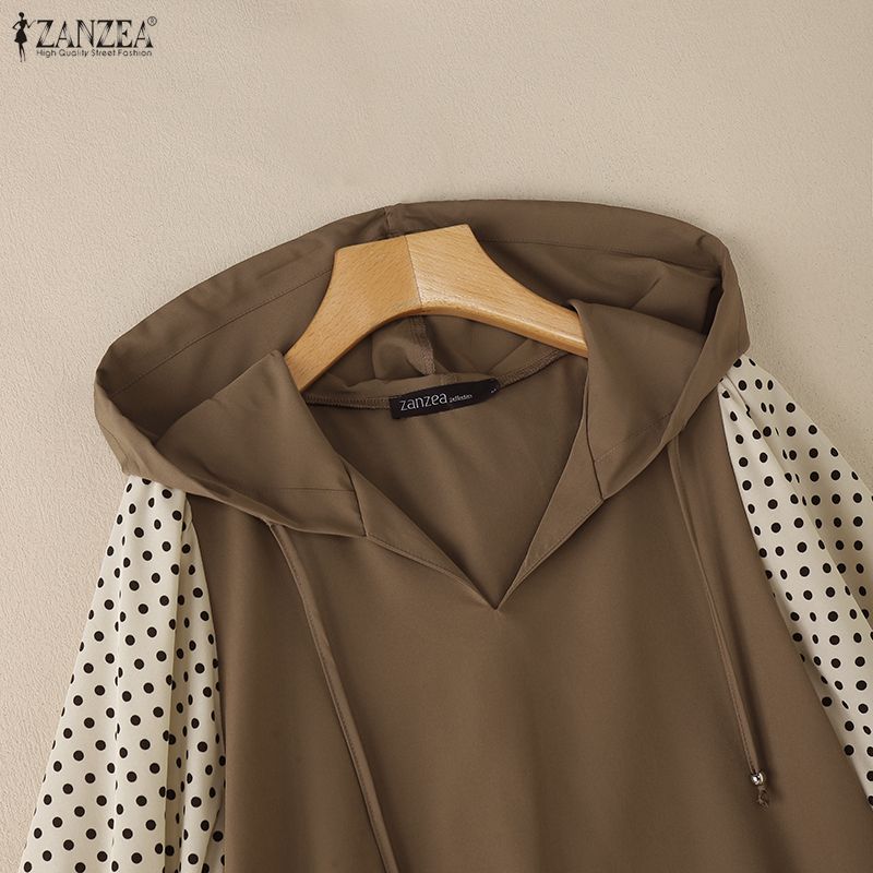 ZANZEA Femei Casual Imprimeu Buline Splice Mânecă 3/4 Hanorac Lejer Bluză