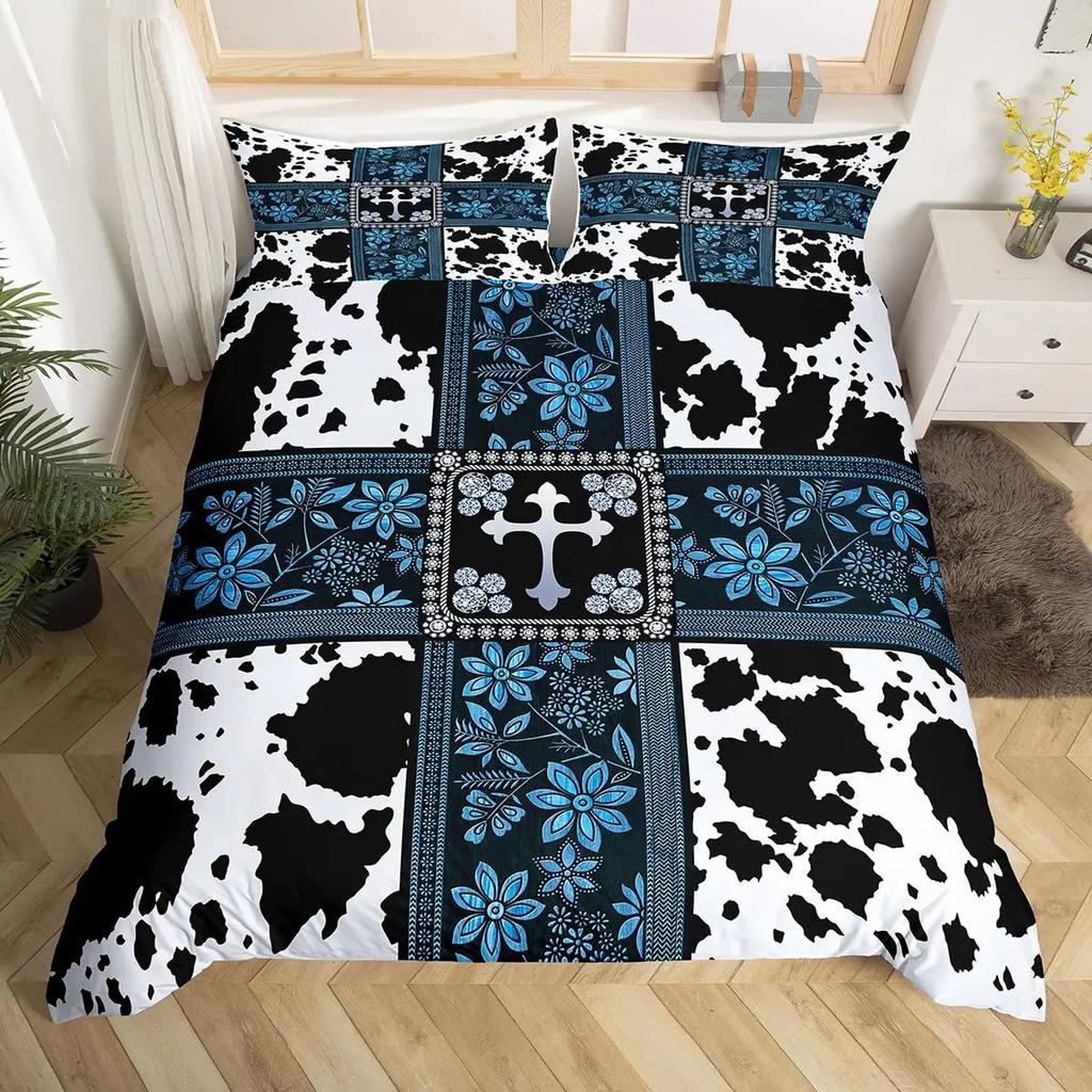 Cow Print Duvet Cover Queen Vintage Floral Bedding Set For Girls Boys Men Western Farmhouse Animal Bull Cattle Skin Quilt Cover