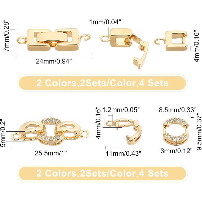 SUPERFINDINGS 8 Sets 2 Styles Brass Fold Over Clasps 2 Colors Zirconia Extender Clasp Closure End Caps for Bracelet Necklace Jewelry Extender