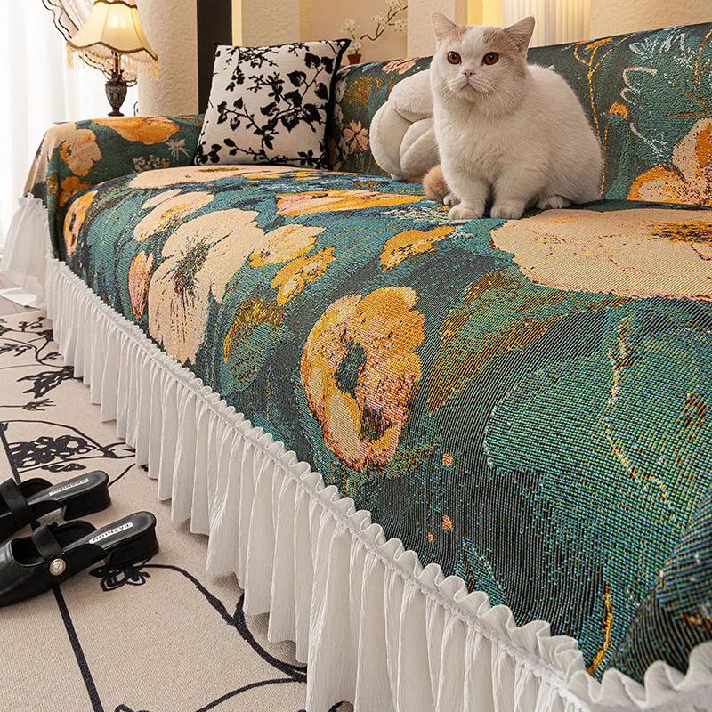 Nordic Pastoral Sofa Towel with Skirt Edge All Inclusive Non Slip Couch Cushion for Living Room All-Season Printed Sofa Blanket