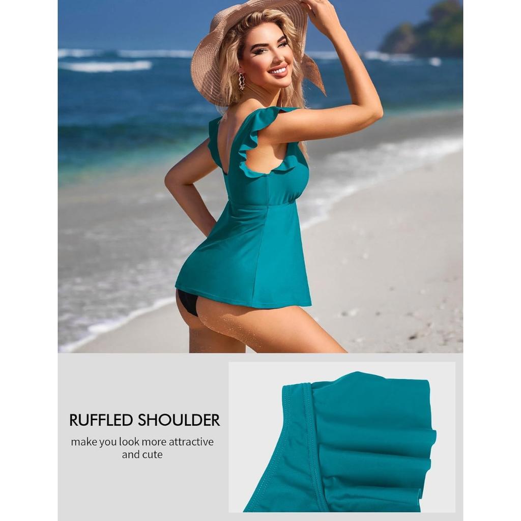 CHARMLEAKS Women Tankini Top Ruffled Shoulder Bathing Suit Top V Neck Swimsuit Top Flowy Bikini Tank Top