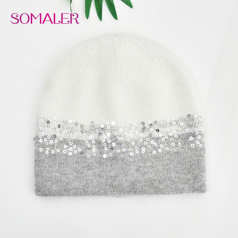 SOMALER Winter Hats for Women Warm Angora Wool Knitted Hat Fashion Sequin Beanie Hat Thick Long Rabbit Fur Hair  Skull Cap Bonnet