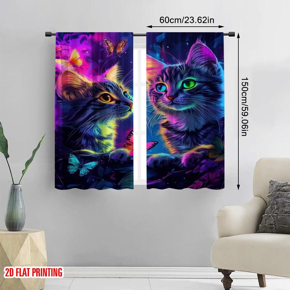 2pcs,2D Plane Printing Light Filtering Curtains Neon Cat Dreamscape Versatile 100% Polyester (without Rod) All Seasons for