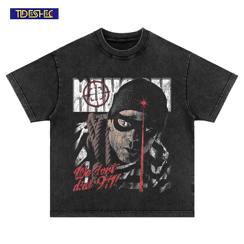 Harajuku Oversized 2026 Portrait Print Short Sleeve Hip Hop Streetwear Trend Fashion Punk Washed Vintage Loose Cotton T-Shirt